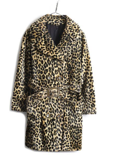 60s ビンテージ ヒョウ柄 フェイクファー コート レディース M