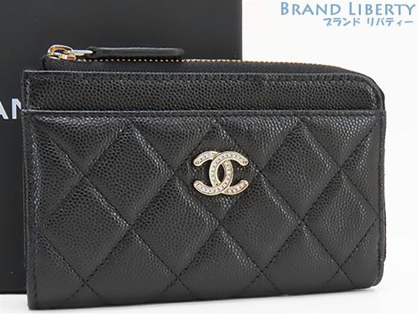 新古品 シャネル CHANEL マトラッセ ココマーク ストラス キャビアスキン ジップカードケース フラグメントケース カードケース コインケース コンパクト財布 ブラック グレインドカーフスキン ラインストーン AP4822