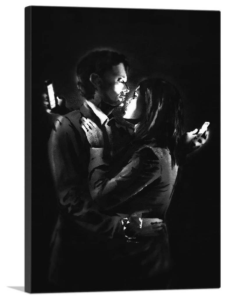バンクシー アートパネル Sサイズ BANKSY Banksy「モバイル ラバーズ/Mobile Lovers」キャンバスジークレ 発送目安15～20営業日
