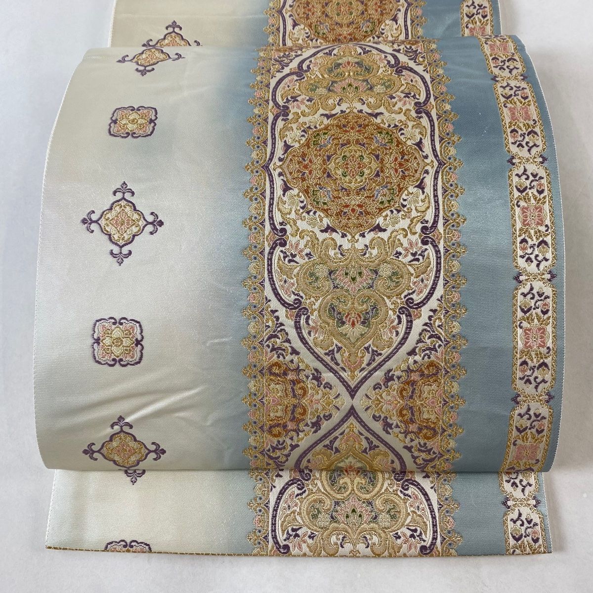 袋帯 美品 秀品 華文 草花 金糸 箔 水色 六通 正絹 【中古
