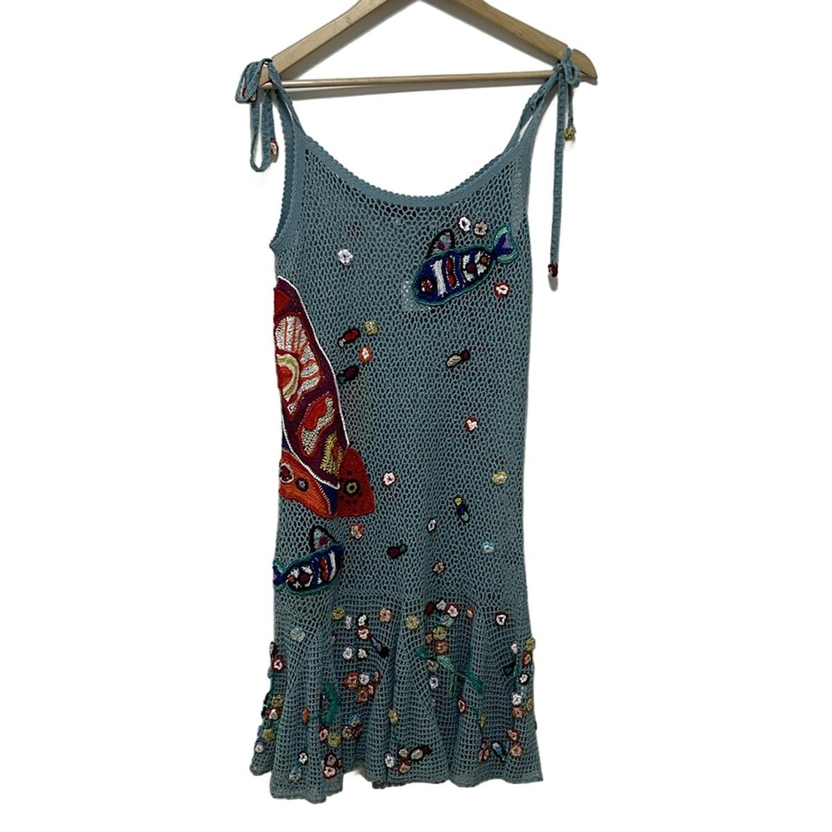 トクコ プルミエヴォル ワンピース サイズ9 M レディース - ライトブルー×レッド×マルチ キャミワンピ|ひざ丈|刺繍|魚|メッシュ