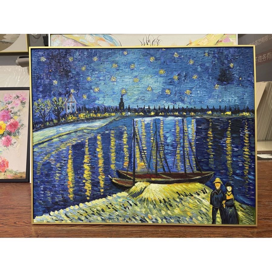 100%手描き 油絵【ローヌ川の星月夜】ゴッホ 名作 複製画 (60×50cm