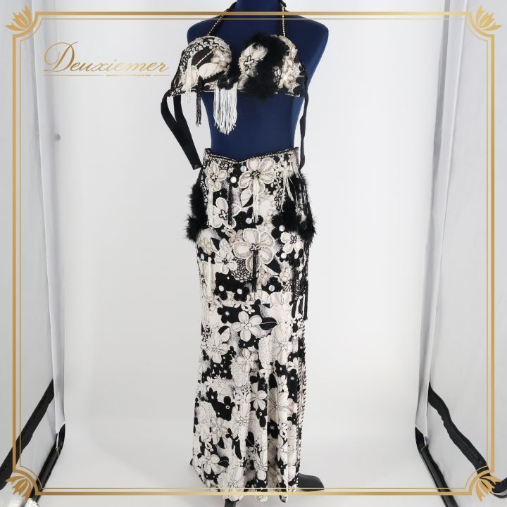 【新品sale】ベリーダンス セットアップ ビーズ付き ベリーダンス レッスン着 アート柄トップ＆スカートセット2色