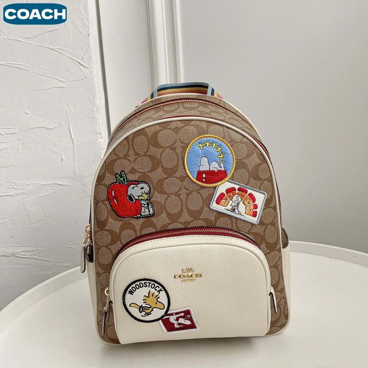 コーチ COACH スヌーピー C4115 リュックバッグ コラボ 人気 ブラウン×ホワイトリュック ワッペン - メルカリ