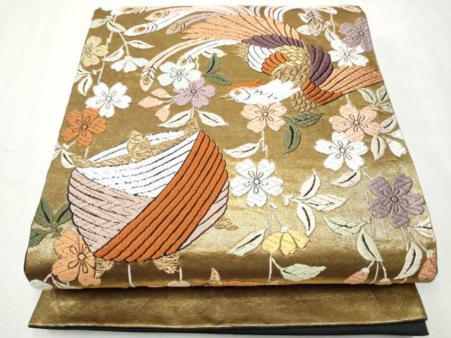 平和屋着物○六通柄袋帯 唐織 糸巻き鳳凰花文 金糸 正絹 逸品