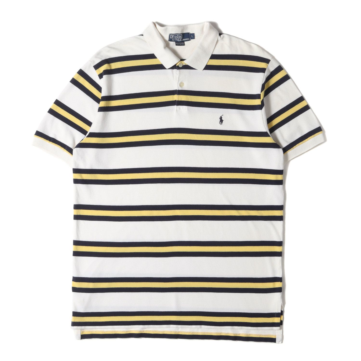 POLO Ralph Lauren ポロ ラルフローレン ポロシャツ サイズ:L 90s - 00s ワンポイント 鹿の子 ボーダー 半袖ポロシャツ オールド ホワイト イエロー 90年代 ヴィンテージ 古着 トップス【メンズ】