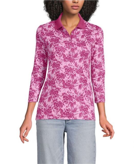 送料無料 ランズエンド レディース ポロシャツ トップス Women s 3|4 Sleeve Supima Cotton Polo Shirt Pink|raspberry wildflowers