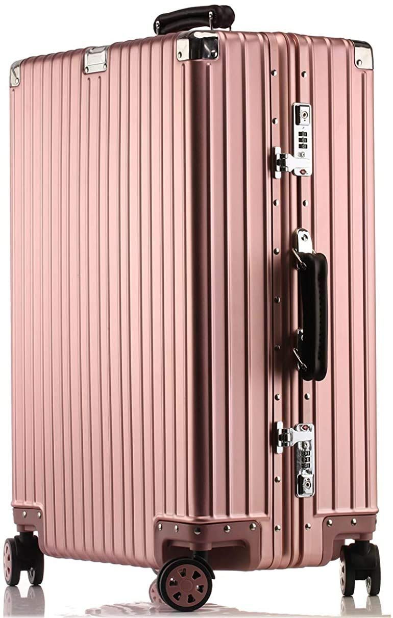 大容量 アルミ合金ボディ 機内持ち込み TSAロック 静音ダブルキャスター キャリーケース 軽量 オールアルミ合金 旅行出張1802 スーツケース ローズゴールド lanbao Lサイズ|7泊～長期旅行向き|95L