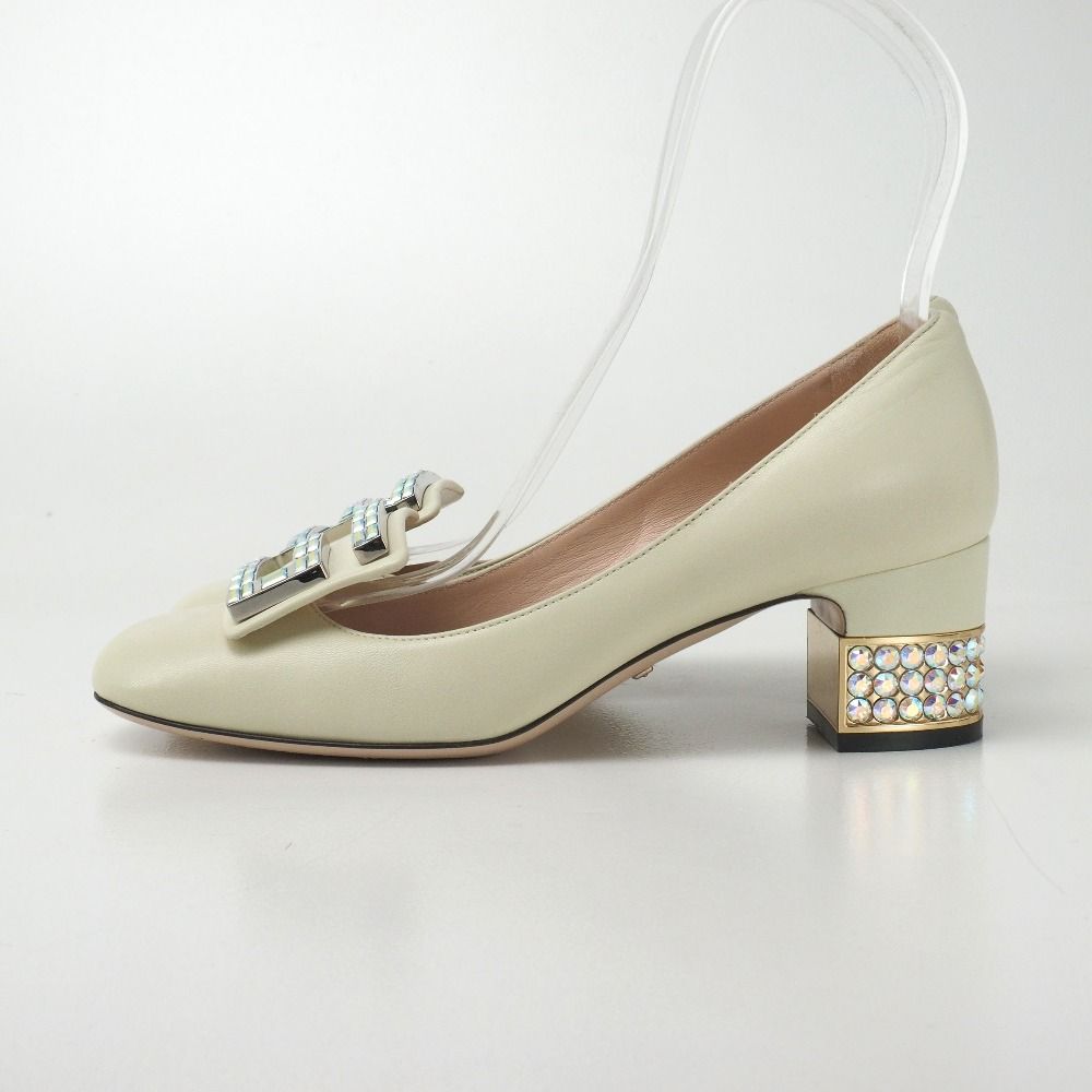 GUCCI グッチ パンプス サイズ36 レザー スクエアトゥ クリスタル Gロゴ 靴 イタリア製 ブランド古着 20251009|RA6181