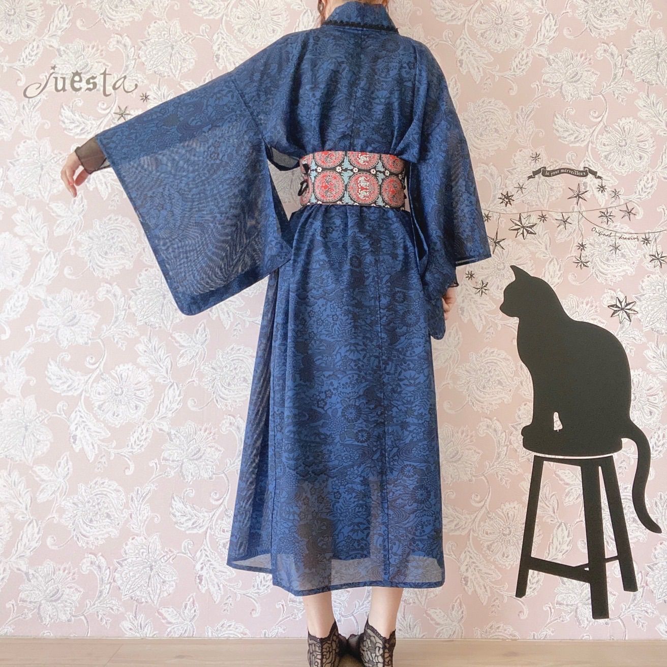 着物リメイクセットアップ 紺色系 帯ベルトとブローチ付き
