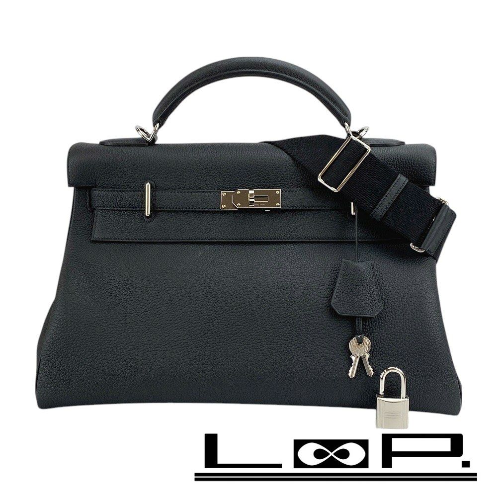 □新同□ エルメス マキシケリー42 ハンド バッグ ブラック シルバー  