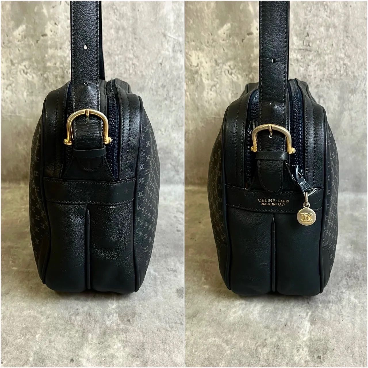 ✨極美品✨ OLDCELINE オールドセリーヌ ショルダーバッグ トリオンフ マカダム柄 ロゴ総柄 ゴールド金具 ロゴ刻印 肩掛け 斜め掛け レザー  ブラック ネイビー 紺色 レディース