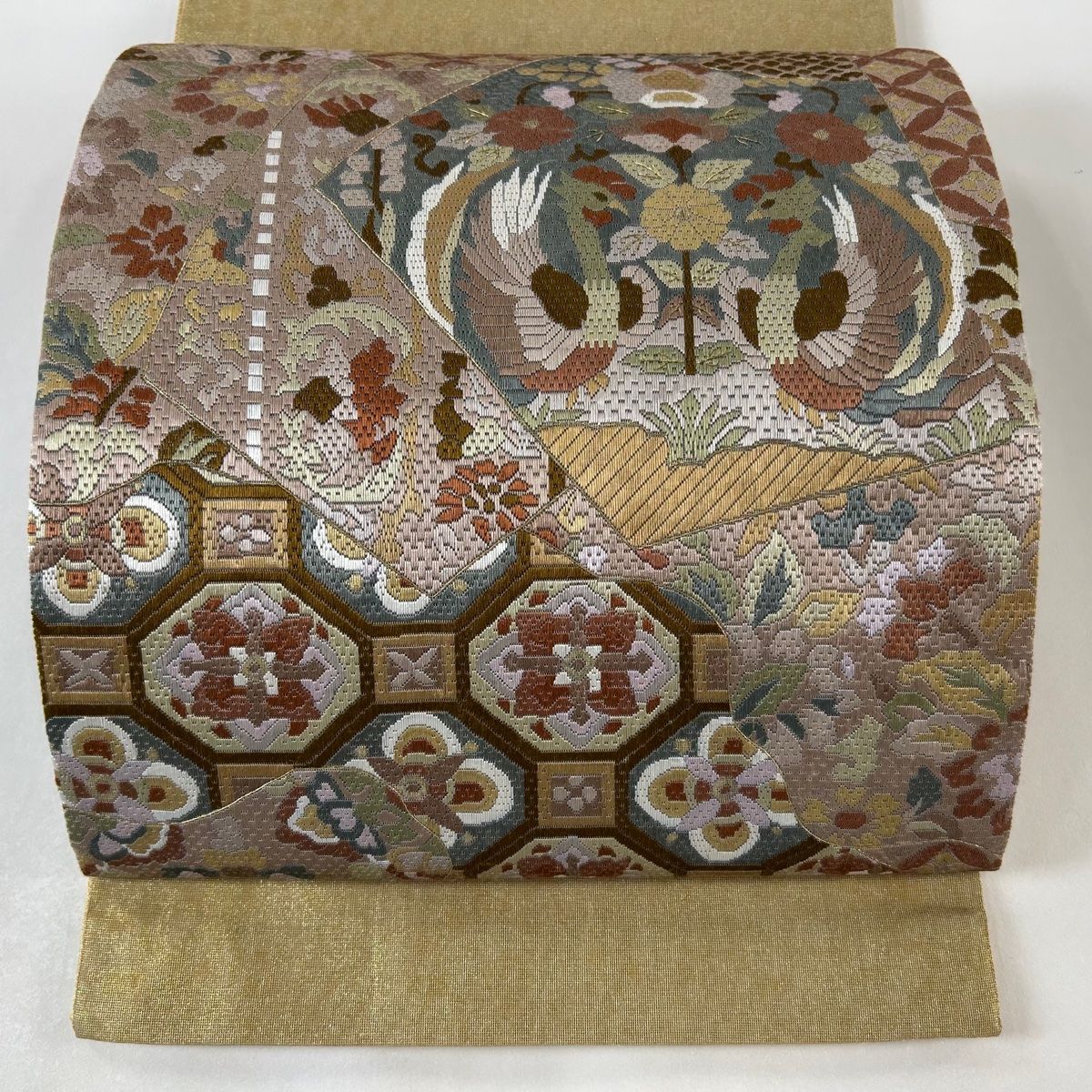 袋帯 逸品 やまと 華文 檜垣 箔 刺繍 灰緑 お太鼓柄 正絹 中古