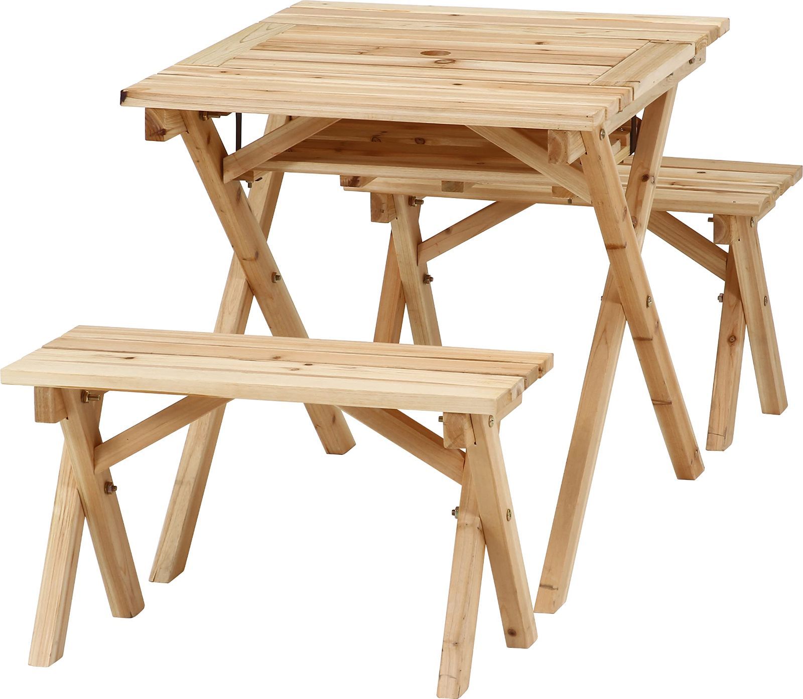 幅62×奥行75×高さ65cm ナチュラル 2人用 BBQテーブル＆ベンチセット コンロスペース付き ガーデンテーブルセット パラソルホール付き 杉材 不二貿易 84523