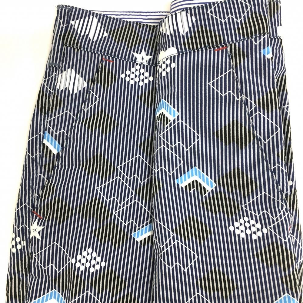 美品】トヴホ ハーフパンツ ネイビー×白 細ストライプ 総柄