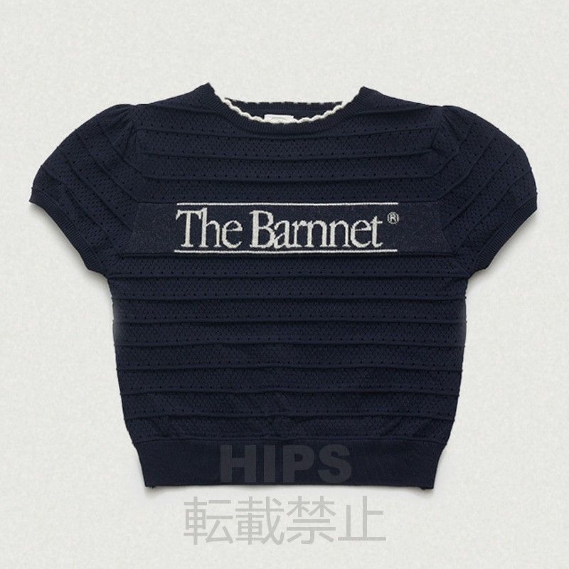 韓国トレンド 夏の The Barnnet ジャカード文字入り パフスリーブ 透け感ニットトップス 丸ネック半袖 夏のきれいめ ニット