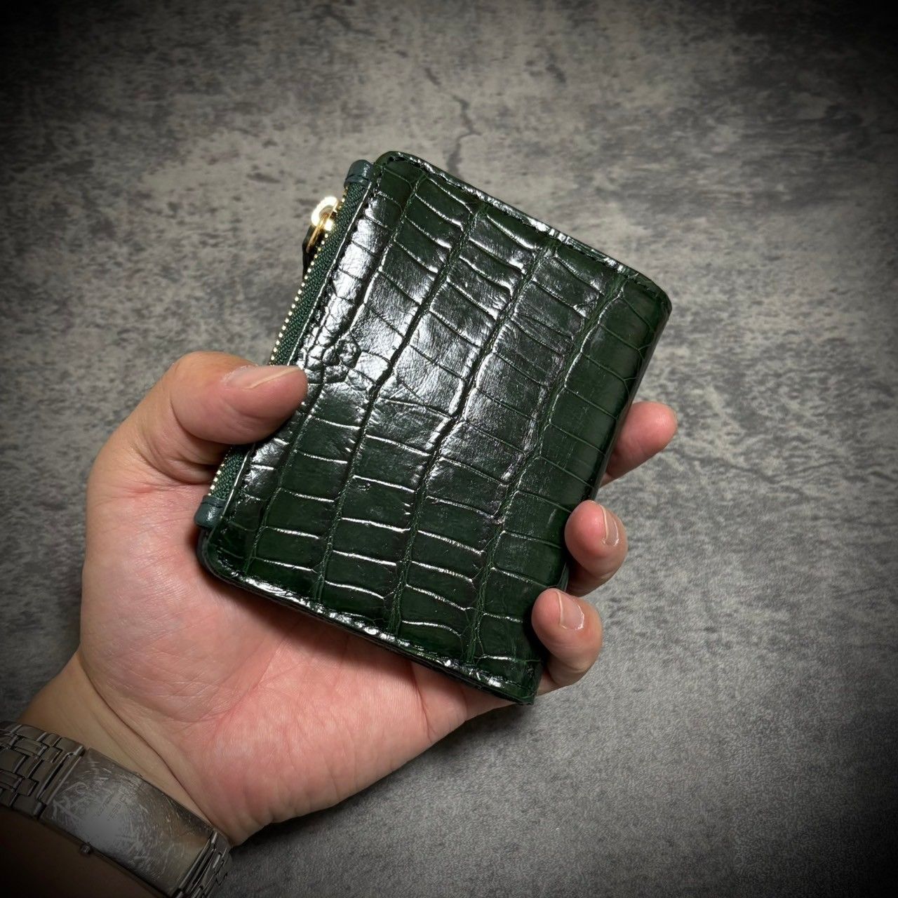 クロコダイル 折財布 二つ折り ワニ革 ハンドメイド 証明書付