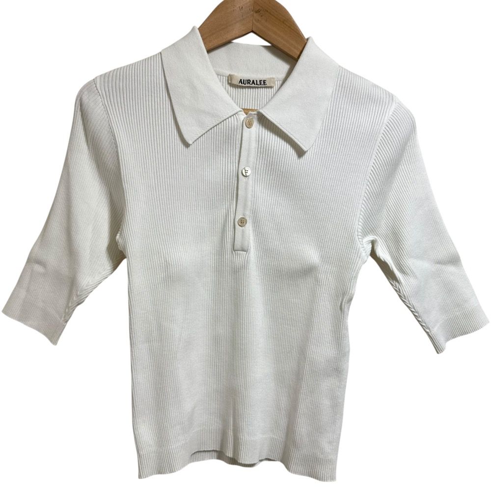 23SS AURALEE オーラリー GIZA HIGH GAUGE RIB KNIT POLO 半袖 リブニット ポロシャツ A23SP01HR サイズ0 ホワイト レディース 古着