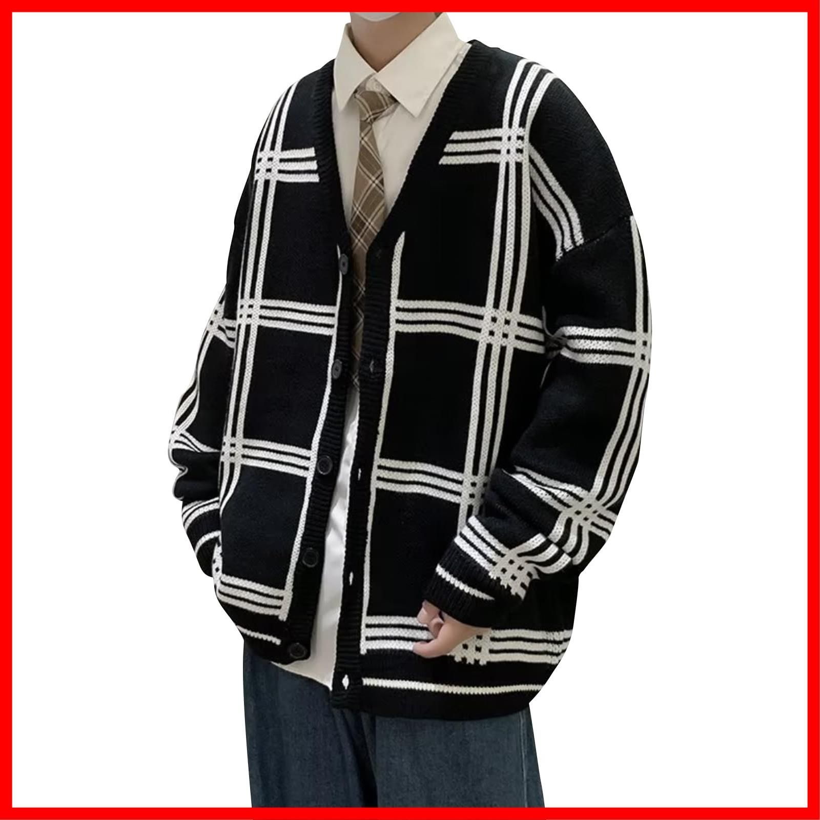 [エアバイ] チェック 柄 ニット カーディガン ソフトタッチ ゆったり Vネック 長袖 秋 冬 メンズ バイカラー ビ? エアバイ] チェック 柄 ニット カーディガン ソフトタッチ ゆったり V