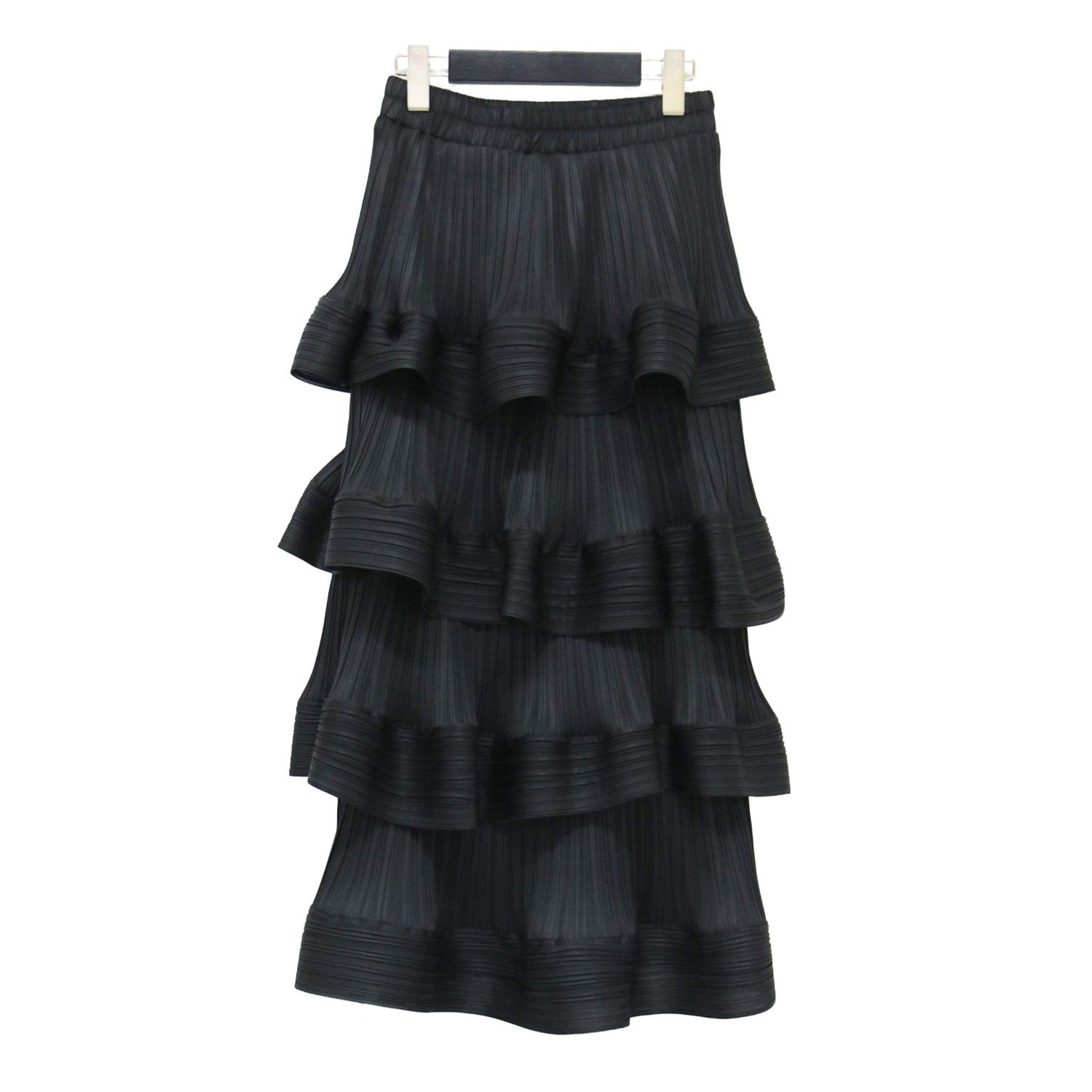 miele grande ミエーレグランデ スカート ブラック 黒 | 24秋冬 プリーツ ティアード スカート | ロング Iライン タイト 4段 ウエストゴム シアー | ボトムス レディース