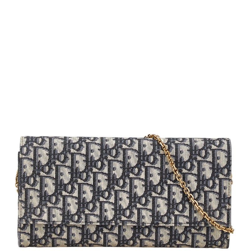 ディオール オブリーク チェーンウォレット ショルダーバッグ ベージュ ネイビー キャンバス レザー レディース Dior 222-05377