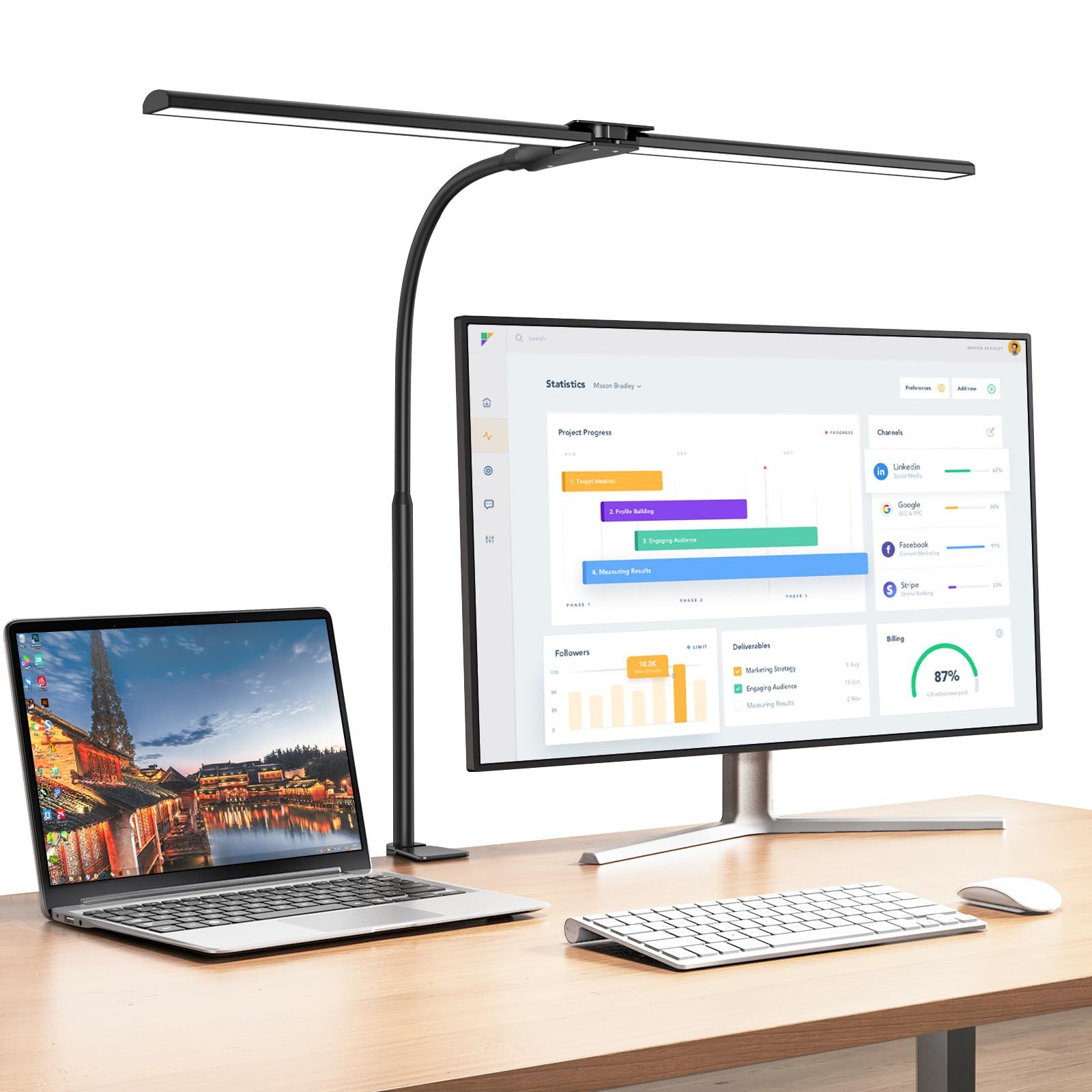 【特価商品】デスクライト LED卓上ライト EppieBasicダブルライトバー 1200LM明るい幅広い電気スタンド 調光調色５段階 フリッカーナシ 反射光ナシ クランプ式＆タッチパネル フレキブルアーム 
