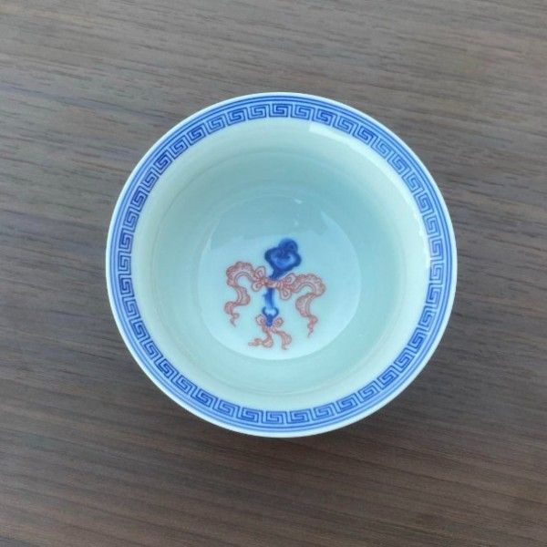 新品】景徳鎮七丞堂陶磁青花釉里紅双獅滾繡球二才蓋碗 茶碗 煎茶
