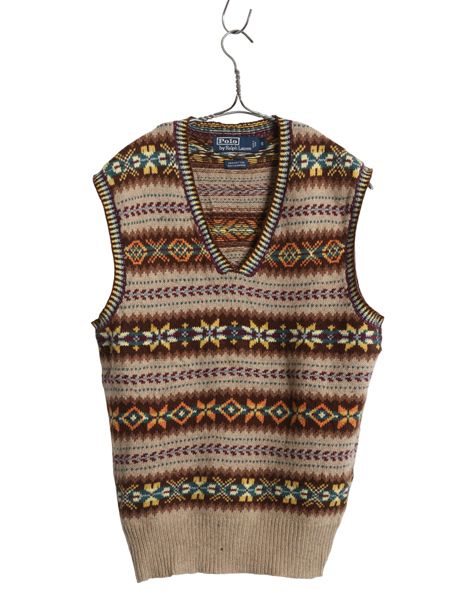 なクーポン配布中! 00s ポロ ラルフローレン Vネック ニット ベスト メンズ S | オールド フェアアイル コットン カシミヤ セーター 重ね着 薄手 マルチカラー