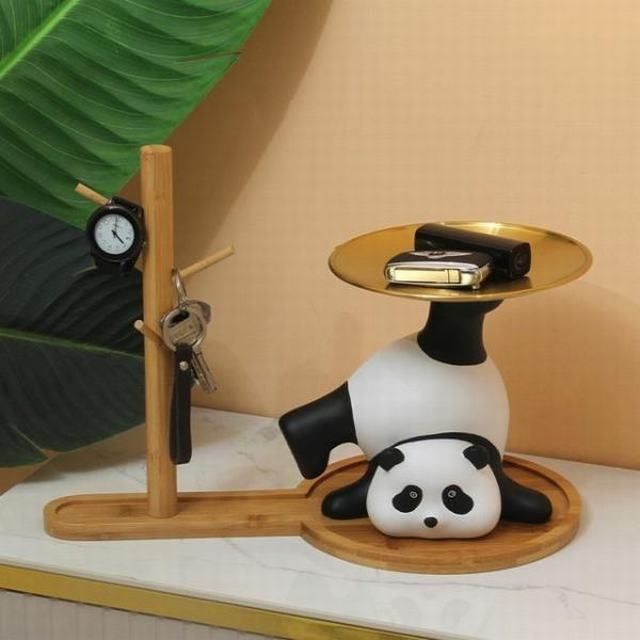 パンダのトレイ付きオブジェ インテリア パンダの置物 収納ボックス 収納トレイ トレイ 玄関 多機能収納