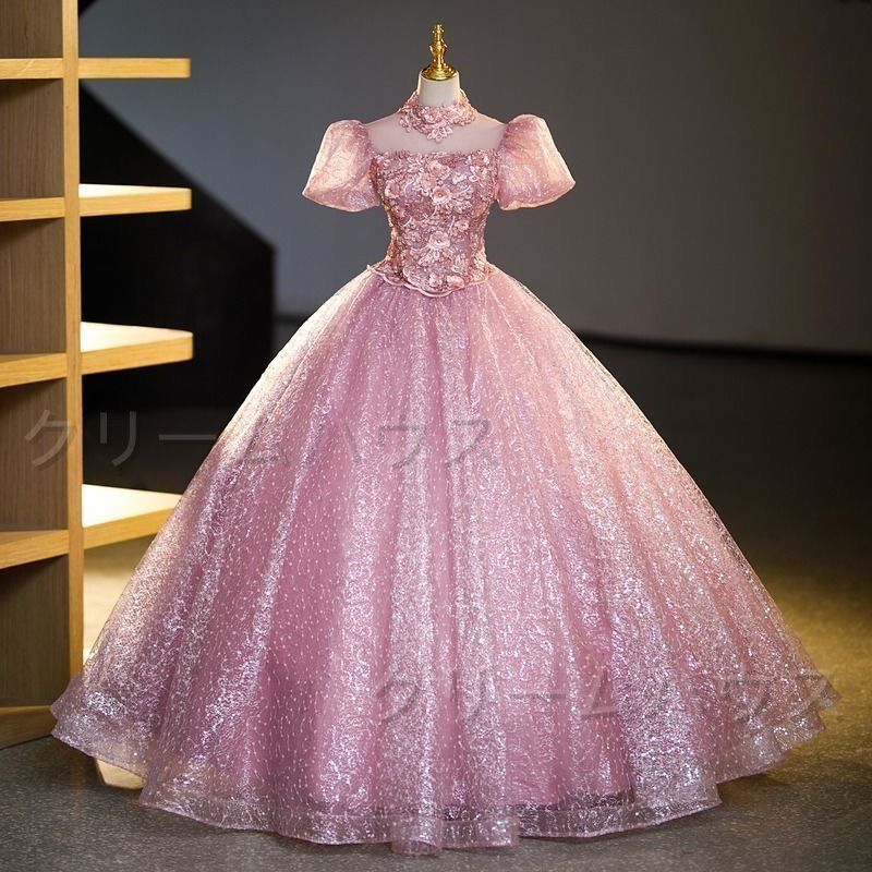 ?♥ カラードレス 編み上げ ピンク パフスリーブ ロングドレス 結婚式 二次会 発表会 演奏会 ウェディングドレス ウエディング
