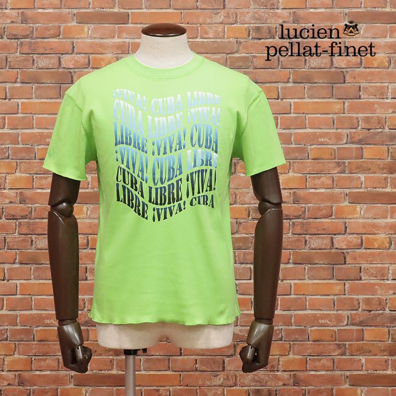 lucien pellat-finet/Mサイズ/丸首Tシャツ なめらか 上質ジャージー伸縮 メッセージ プリント イタリア製 半袖 新品/黄緑/グリーン/ic547/