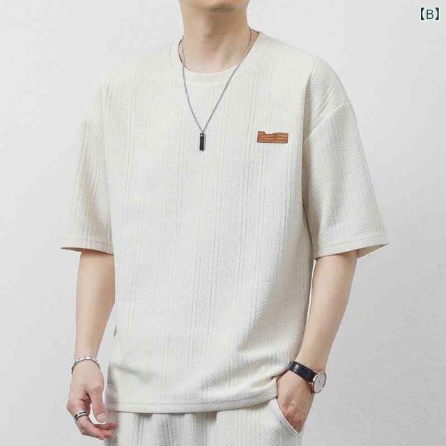 L 秋冬 コーデ メンズ 服 シンプル ファッション オシャレ 大人 かっこいい 大きいサイズ ストリート 紳士服 ゆったり 半袖 T シャツ トップス ラウンドネック 五分袖 ジャカード ハーフ KARIMZIABAT_FR