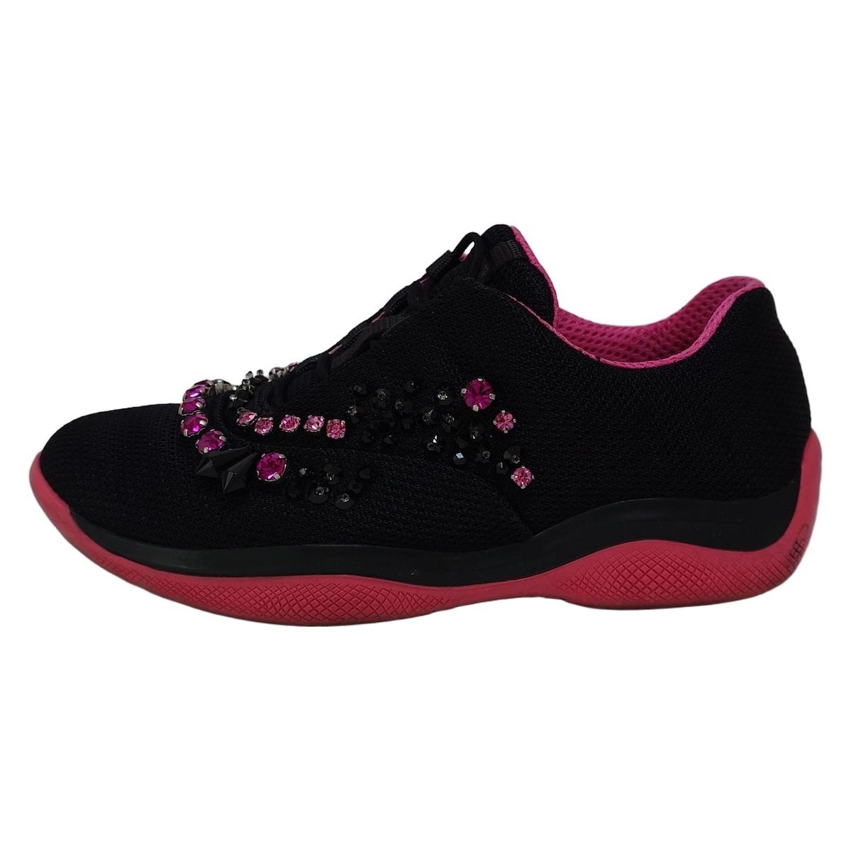 PRADA プラダ スニーカー 35 レディース - 黒×ピンク ビジュー