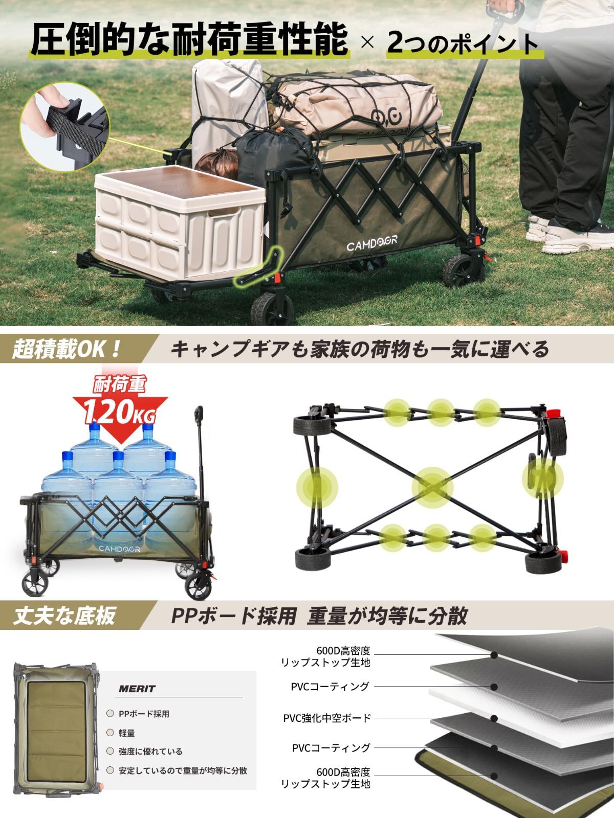 数量 長物対応 3秒で収納 大容量 超軽量 アウトドアワゴン 軽量 静音 キャリーワゴン キャンプカート 大容量240L 耐荷重120kg コンパクト自立収納 後ろ開け キャリーカート BBQ 釣り 運動会 CAMDOOR 荷物運び 引っ越し ワンタッチ収