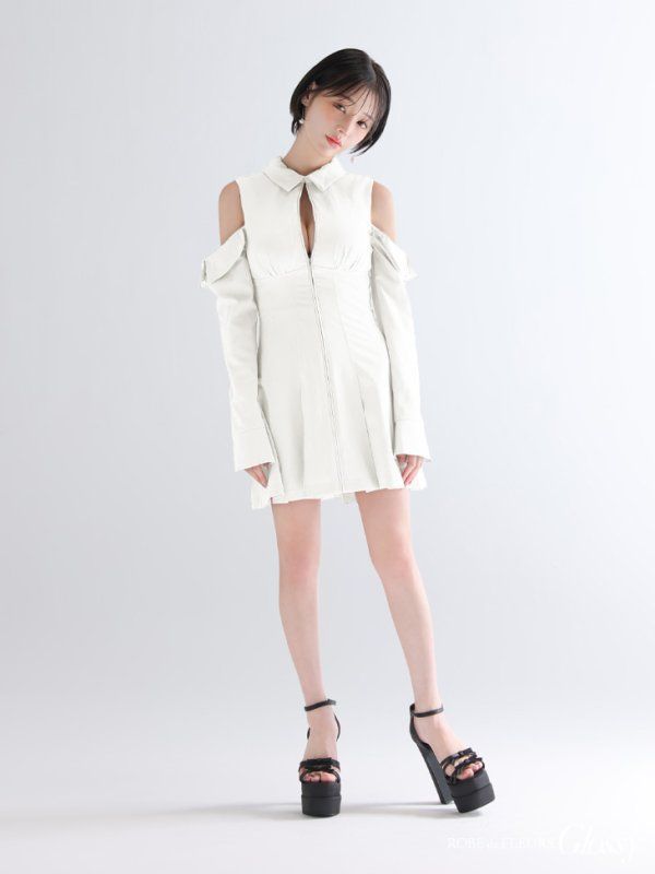 ホワイト GL4126 ROBE de FLEURS Glossy ローブドフルールグロッシー ツイル 襟付き ジッパー 肩あき オープンショルダー 長袖 フ ミニドレス キャバドレス ワンピース
