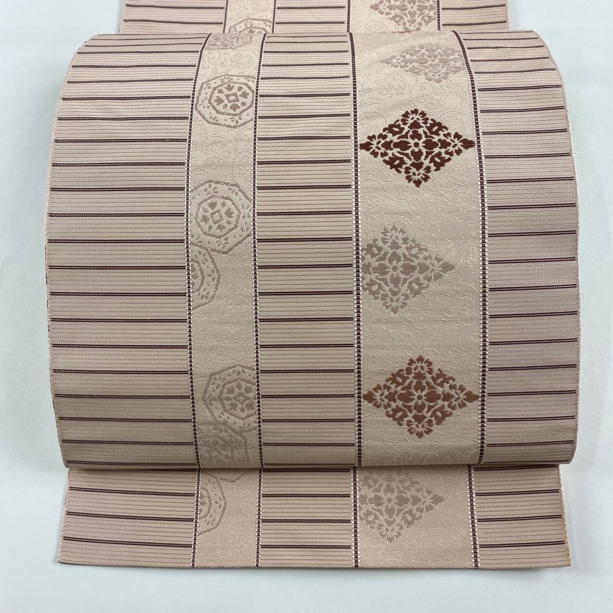 名古屋帯 秀品 八寸名古屋帯 松葉仕立て 花菱 縞 薄ピンク 正絹