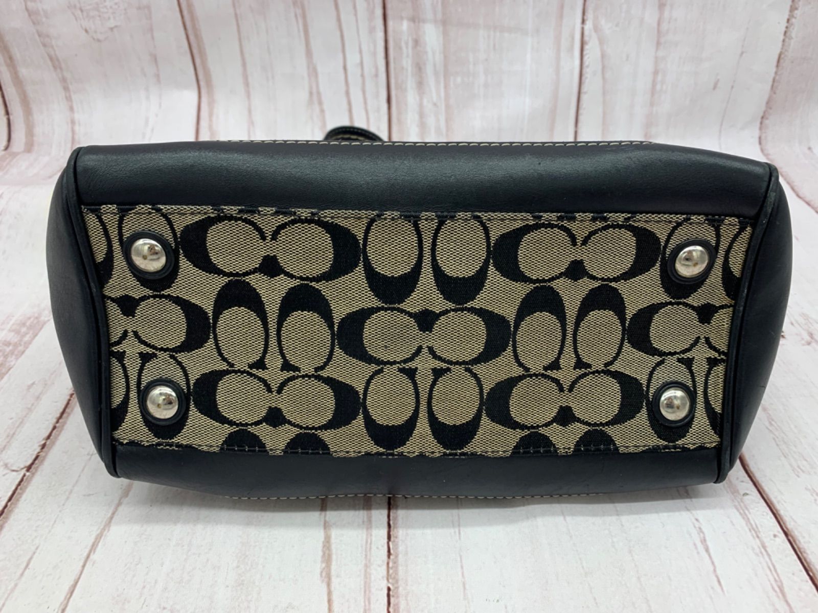 【美品】COACH ハンドバッグ シグネチャー キャンバス ブラック ☆COACH コーチ シグネチャー キャンバス レザー ハンドバッグ