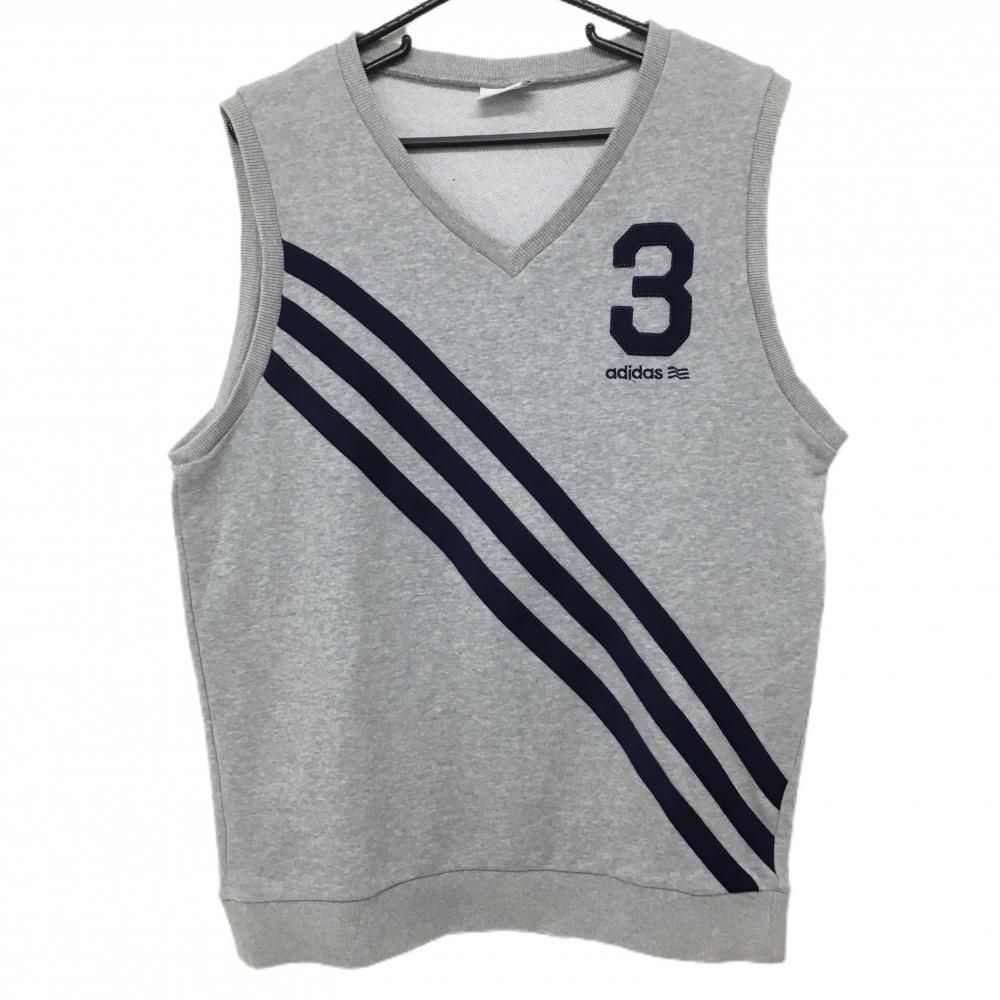 【美品】アディダス ベスト グレー×ネイビー フロント3ライン Vネック  メンズ XO/XXG  ゴルフウェア adidas