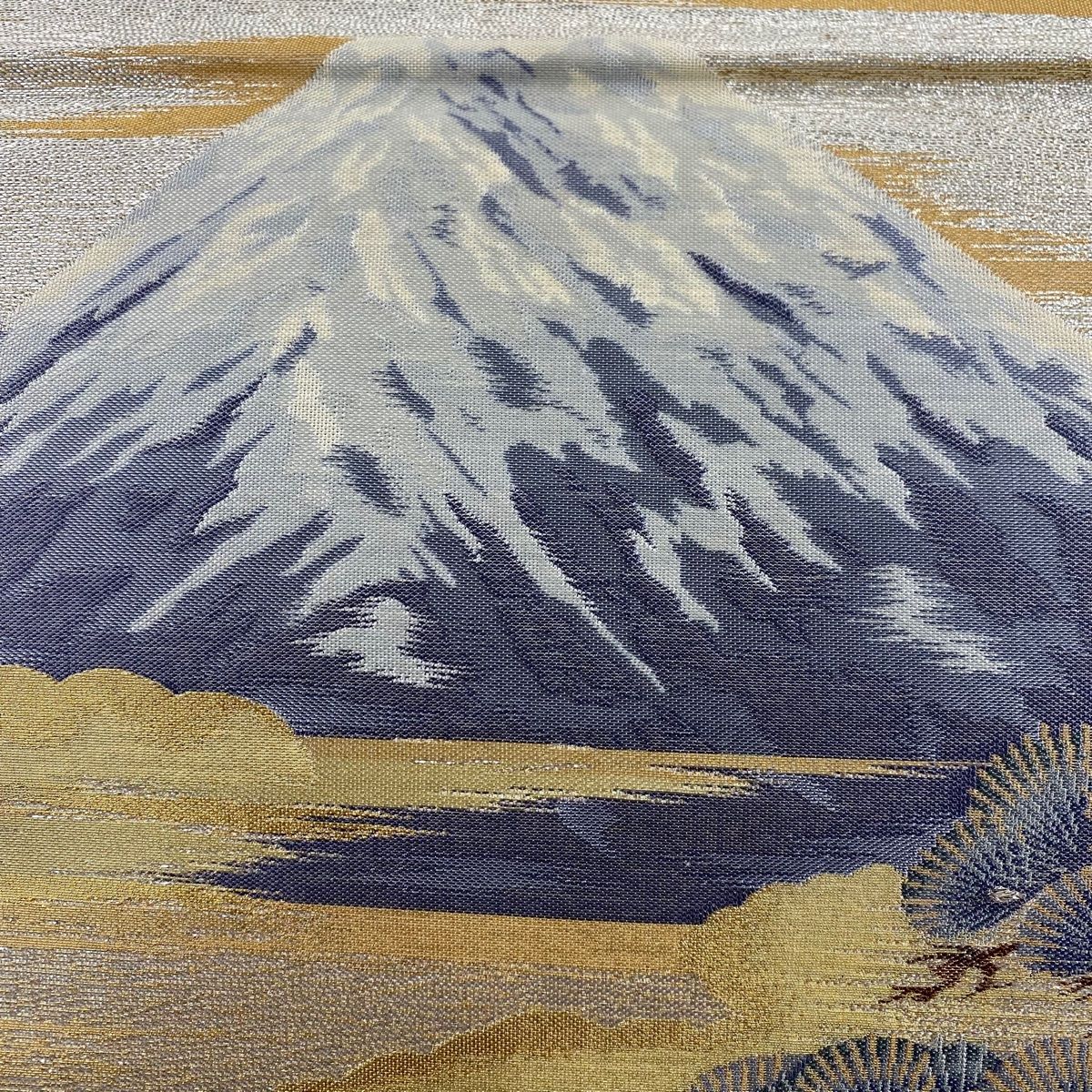 袋帯 秀品 日本百景 富士山 松 金糸 箔 銀色 六通 正絹 【中古