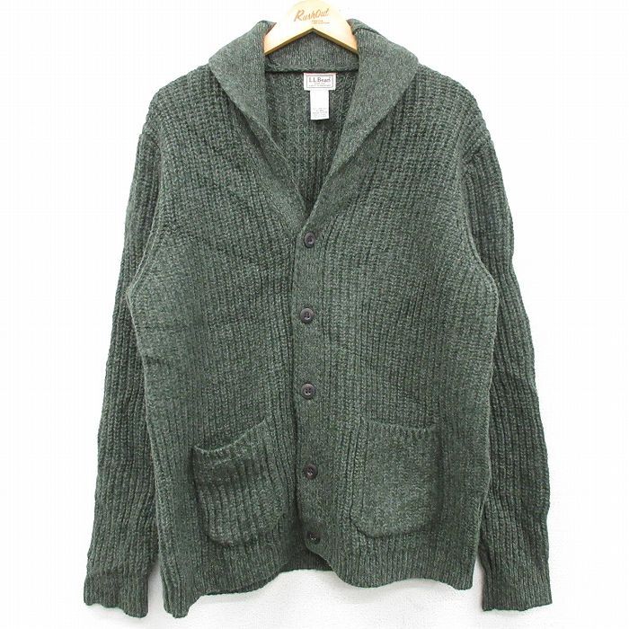 L/古着 エルエルビーン LLBEAN 長袖 ニット カーディガン メンズ 00s ラムウール 緑 グリーン 霜降り 25feb05 中古 トップス