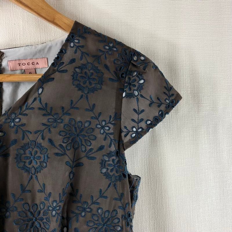 【美品】TOCCA トッカ 総刺繍レースタッチワンピースフレンチスリーブ 日本製 トッカ TOCCA ワンピース Vネック フレンチスリーブ 花柄 刺繍 レース