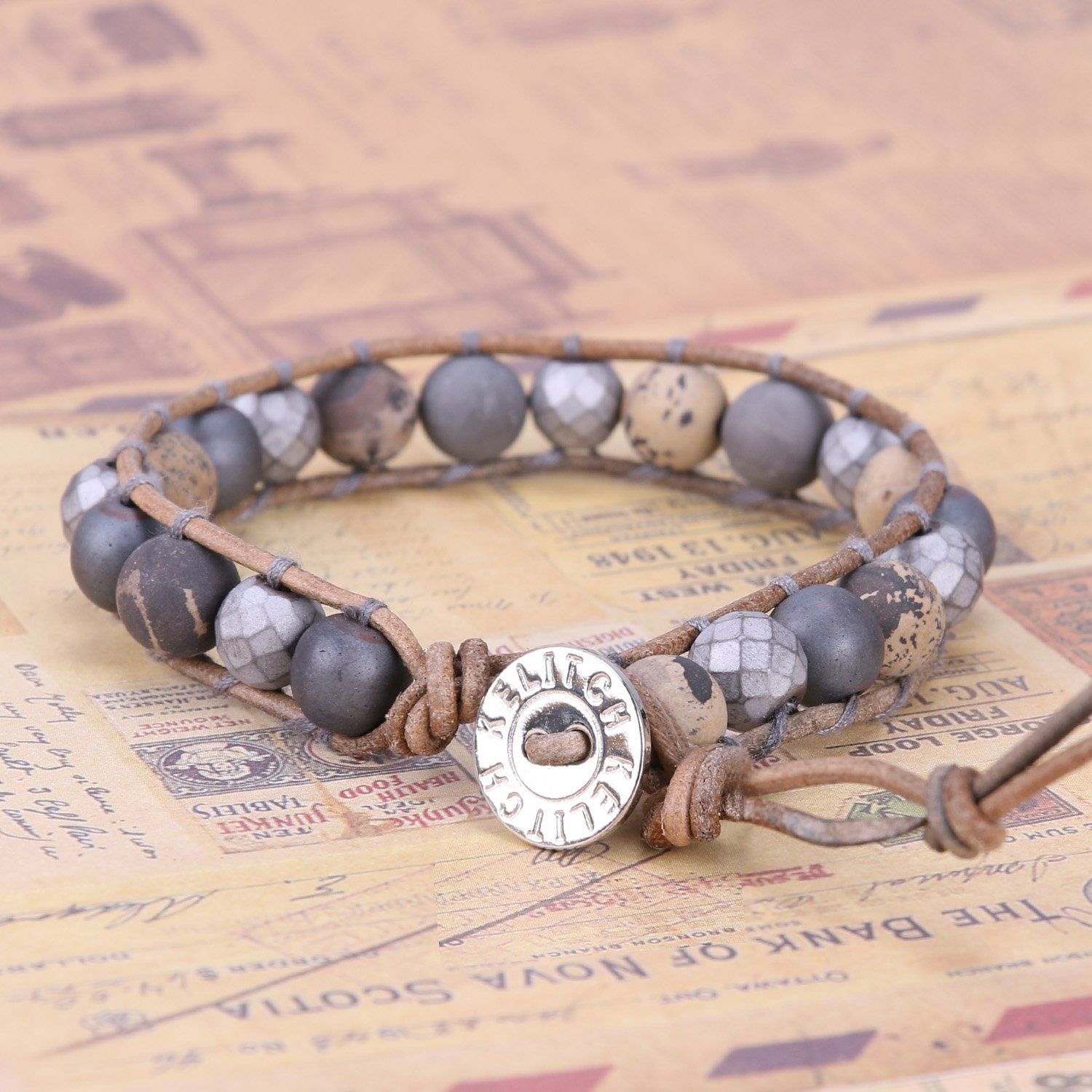  バングル 男女兼用 レザー パワーストーン アンティーク ブレスレット ビーズ ラップ 単連 KELITCH ブレスレット アクセサリー