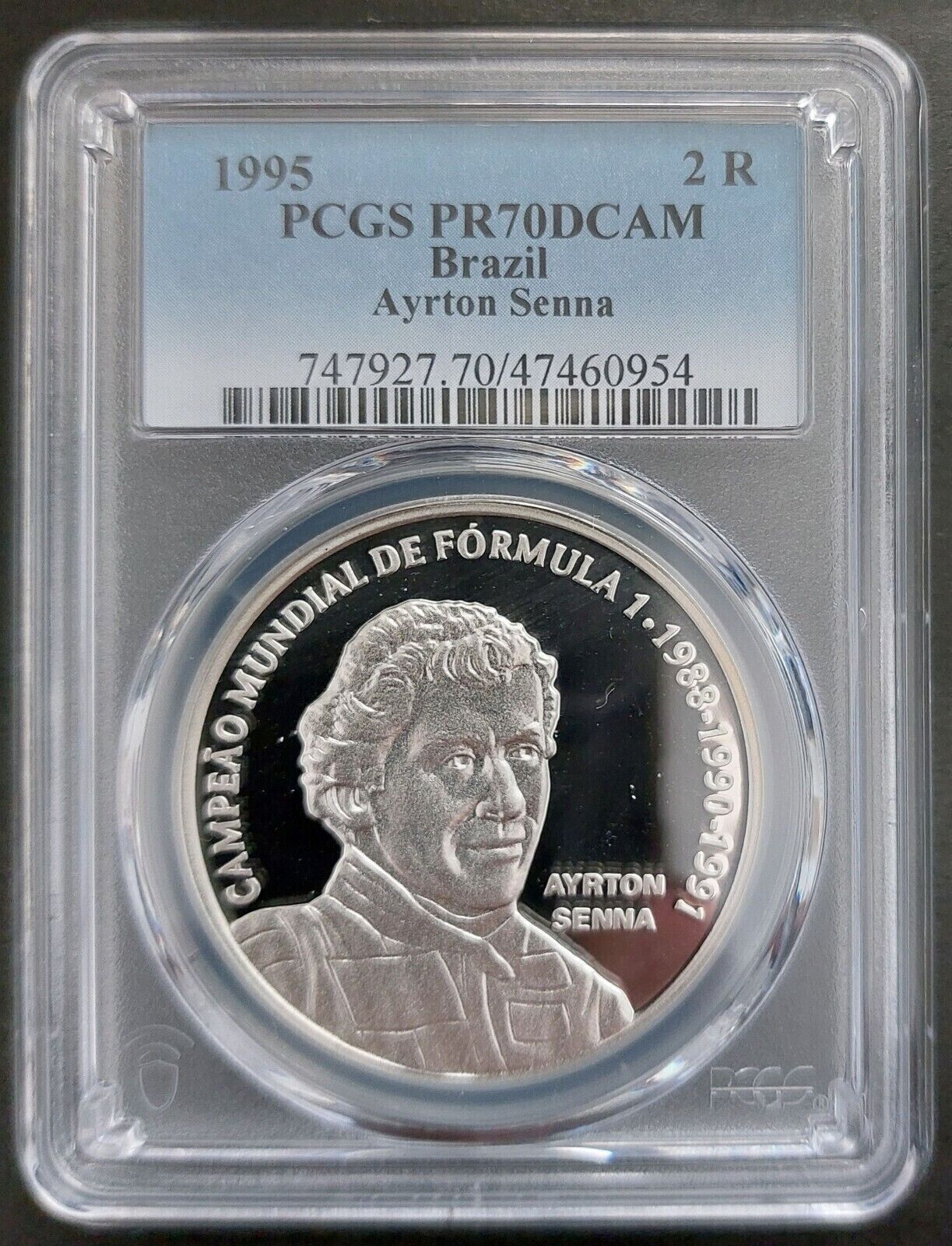 BRAZIL SILVER PROOF 2 REAIS COIN 1995 YEAR KM 643 AYRTON SENNA PCGS PR70 TOP