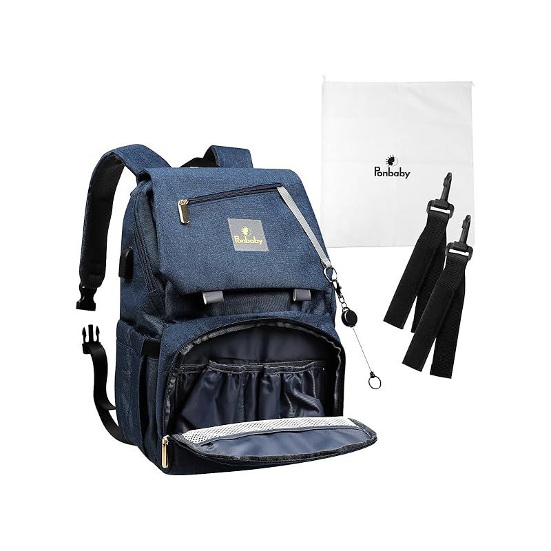 Ponbaby マザーズリュック 大容量 16のポケット マザーズバッグ リュック 軽量 USBポート付き 出産祝い プレゼント オールネイビーブルー