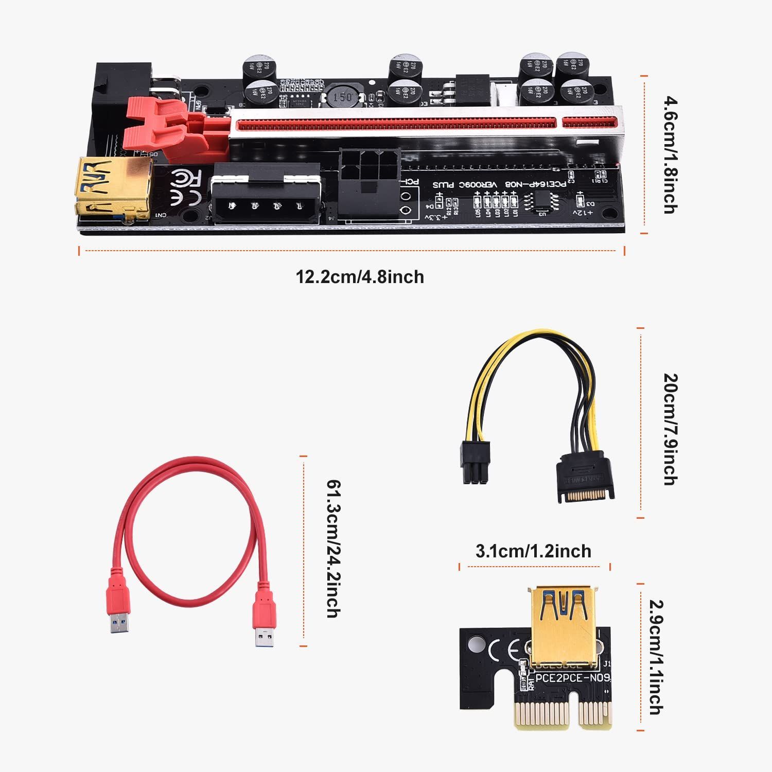 PCI-E Express USB3.0 X1 to X16 ビットコインマイニング用 拡張カード パワードライザーアダプターカード用 変換  特製8つ大容量コンデンサー アダプター USB グラフィックボード アダプター PCIE 採掘 4pin ライザーカー - メルカリ 60cm USB  3.0ケーブル、4つのソリッド ...