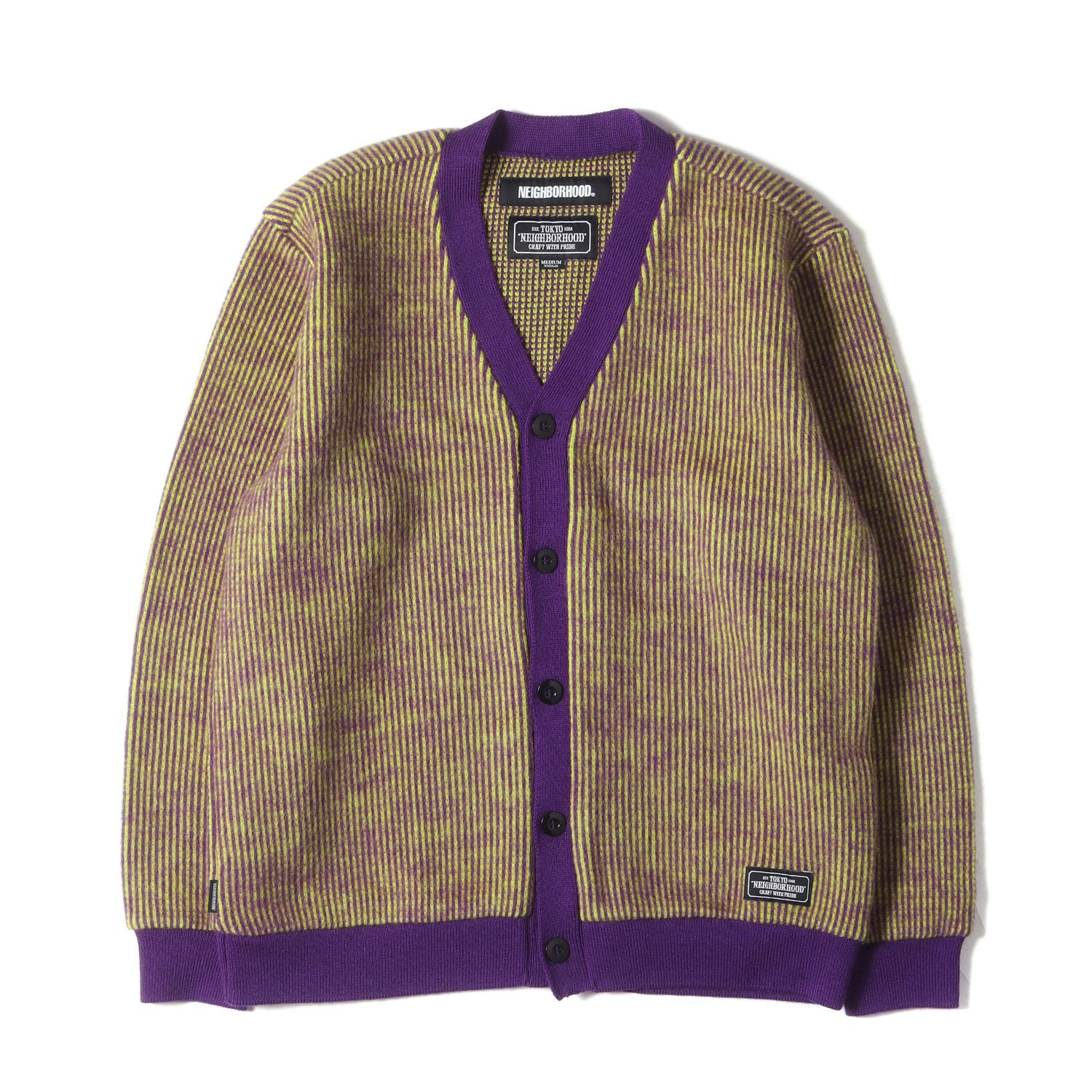 美品 NEIGHBORHOOD ネイバーフッド カーディガン サイズ:M ストライプ ウールニット カーディガン (STRIPE CUBE / W-CARDY. LS) イエロー パープル トップス セーター【メンズ】