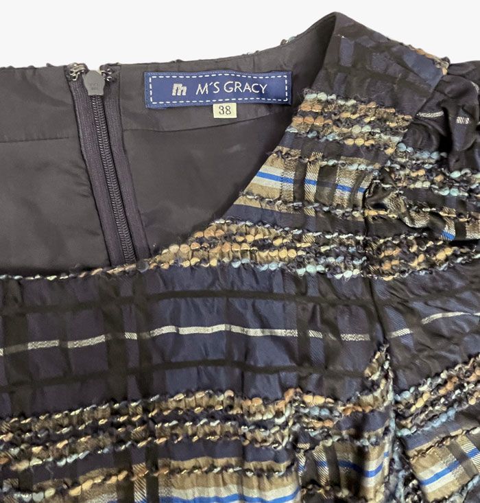M'SGRACYエムズグレイシー ワンピース 半袖 ネイビー 紺 ツイード38