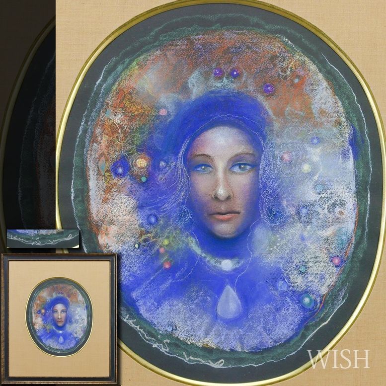 WISH サイン有 パステル 8号大 円窓 ◆神秘の青に包まれた 青き瞳の美しい女性像 25093149