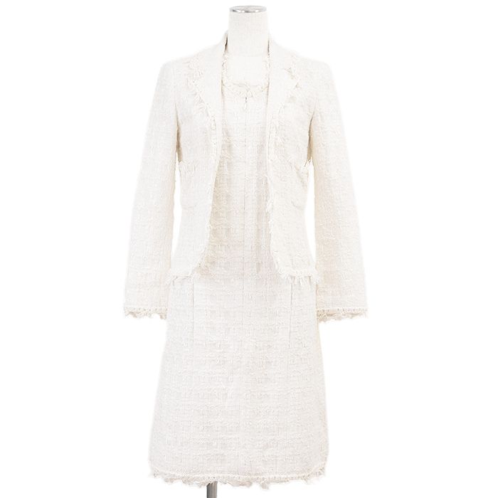 CHANEL シャネル ワンピース 05C P24918 ジャケット ドッキング ツイード フリンジ シグネチャー ロゴ プレート ドレス レディース サイズ 38 アイボリー フランス製 カール ラガーフェルド期