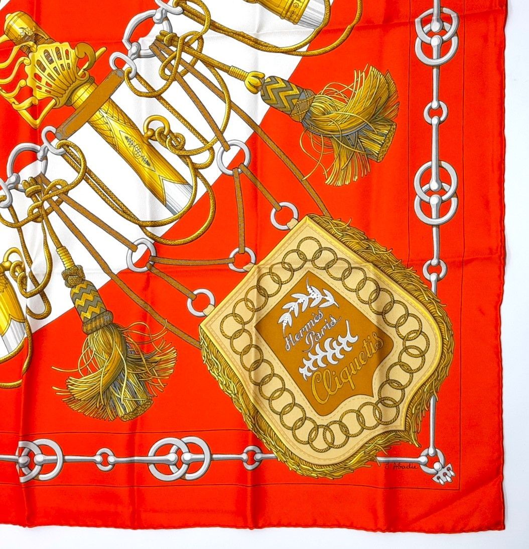 エルメス Hermès 未使用品 カレ 90 シルクスカーフ CLIQUETIS 赤系 袋
